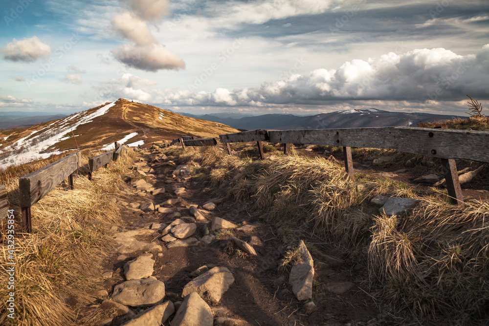 Beautiful trail through the hills, Bieszczady Mountains, Poland