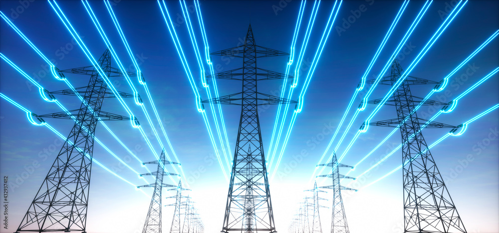 Electricity transmission towers with glowing wires against blue sky - Energy concept - obrazy, fototapety, plakaty 