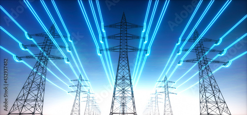 Electricity transmission towers with glowing wires against blue sky - Energy concept