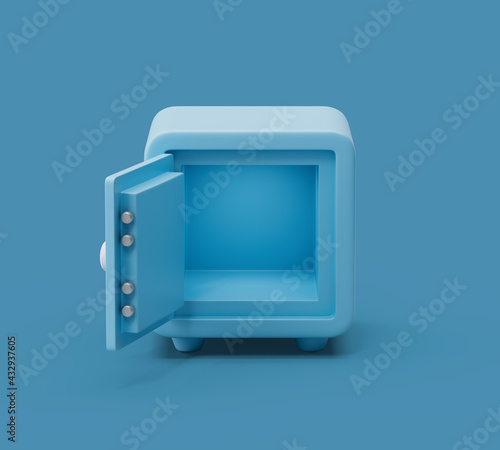 Open empty Safe box front view on blue pastel background with soft shadows. Simple 3d render illustration.
