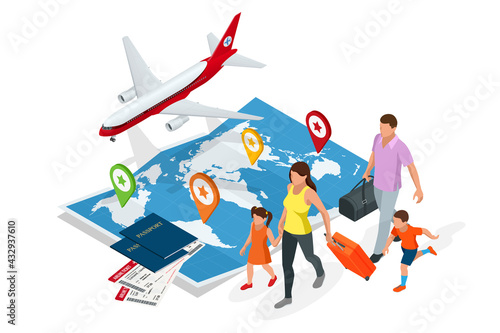 Isometric Business travel and tourism concept. Air tickets or boarding pass, passports on world map. Buying or booking online tickets. Family travel.