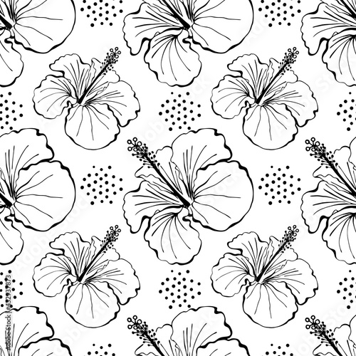 Hibiscus flower seamless pattern. Hand drawn sketch style. Line art. Mallow Chinese Rose. Herbal tea. Hawaii. Black and white Tropical Vector background for paper, textile, wrapping and wallpaper.