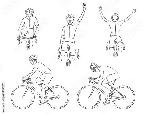 Cyclist in action set in hand drawn doodle style. Sketching biker on a bicycle race from the side, front. Competition, victory in sports. Collection of vector illustration isolated on white background
