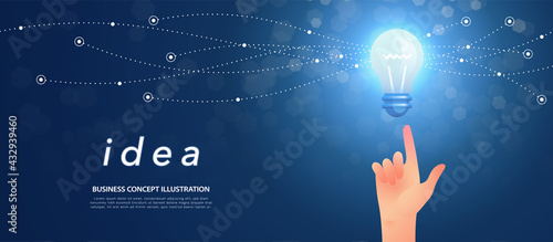 Idea concept banner with hand pointing at glowing and sparking light bulb on dark blue background. Vector illustration