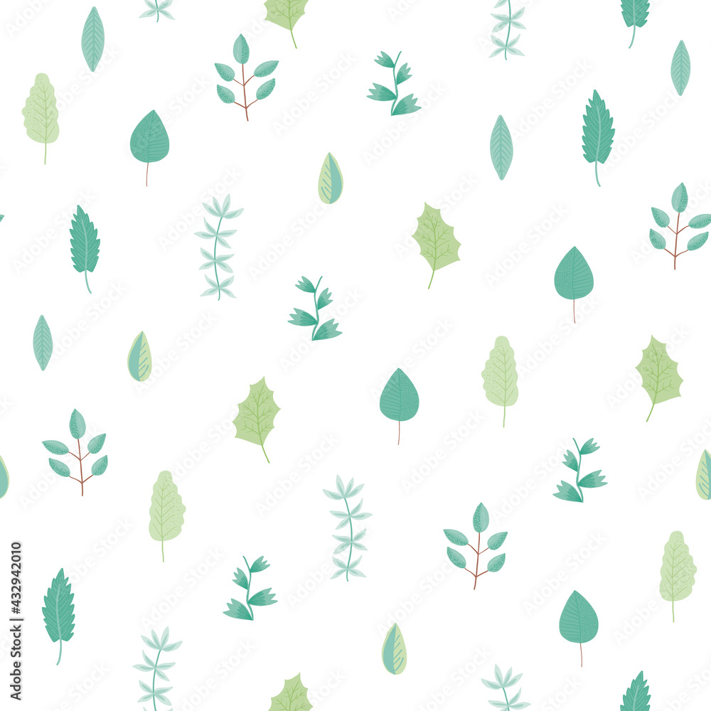 Fototapeta premium Tender greenery seamless pattern with light green and blue hand drawn leaves and branches on white background. Cute sketchy botanical texture for textile, wrapping paper, print design, surface