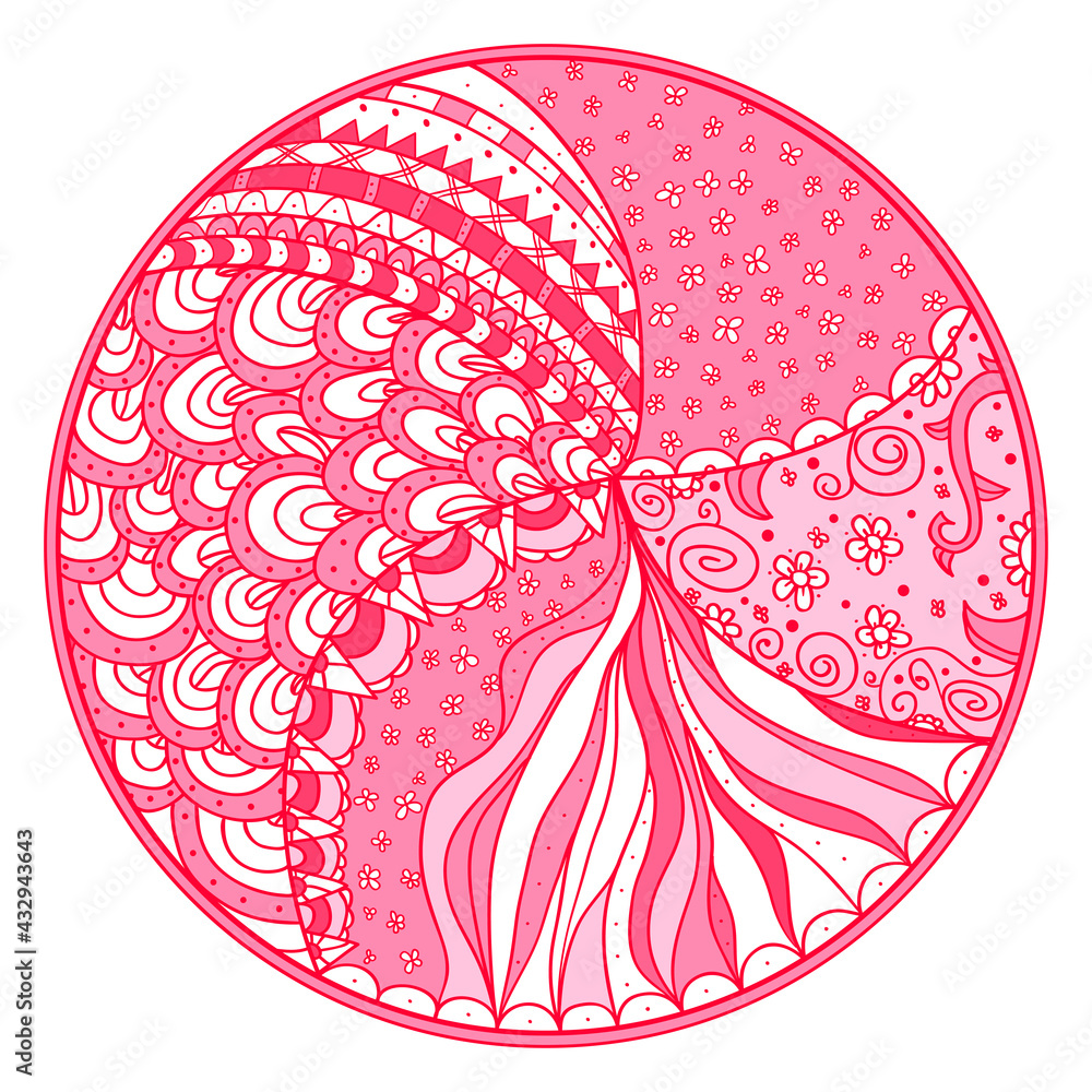 Zendala. Zentangle. Hand drawn circle mandala with abstract patterns on