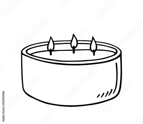 Burning aroma candle with three wicks isolated on white background. Vector hand-drawn illustration in doodle style. Aromatherapy, relaxation design element. Suitable for cards, logo, decorations.