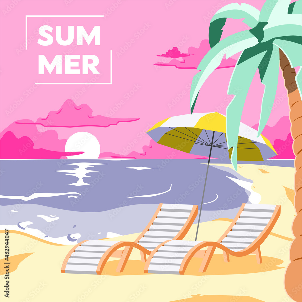 Chairs and Palm on tropical beach near the sea shore. Summer Travel and Summer Vacation Postcard. Pink sunset on the sandy beach landscape vector illustration. 