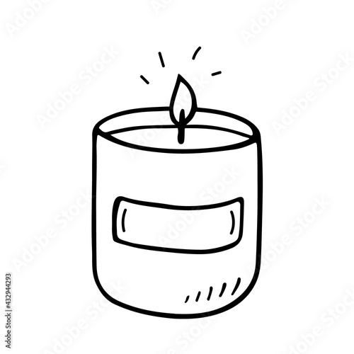 Burning aroma candle in a jar isolated on white background. Vector hand-drawn illustration in doodle style. Aromatherapy, relaxation design element. Suitable for cards, logo, decorations.