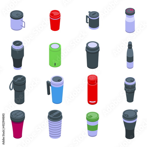Thermo cup icons set. Isometric set of thermo cup vector icons for web design isolated on white background
