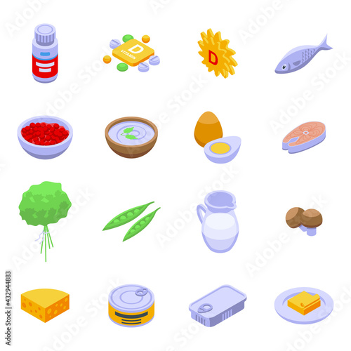 Vitamin D icons set. Isometric set of vitamin D vector icons for web design isolated on white background