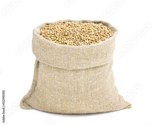 Seeds of coriander in a sack of isolated on a white background. Coriander in a burlap sack. Healthy food. Coriander in a jute bag. Vegan food