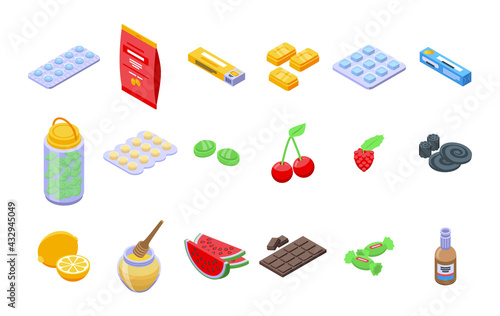 Cough drops icons set. Isometric set of cough drops vector icons for web design isolated on white background