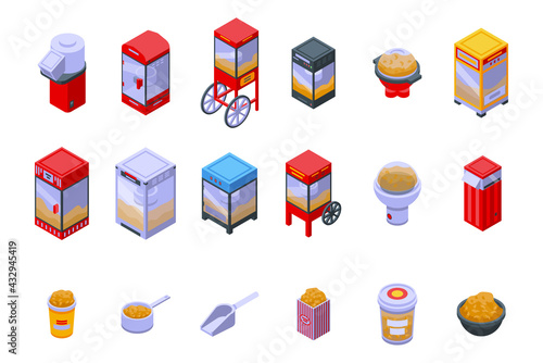 Popcorn maker machine icons set. Isometric set of popcorn maker machine vector icons for web design isolated on white background
