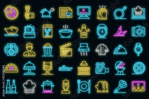 Cooking show icons set. Outline set of cooking show vector icons neon color on black