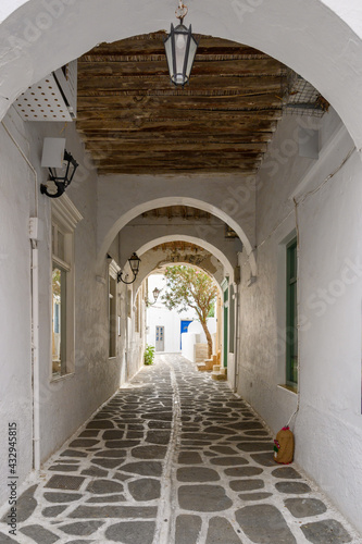 Traditional Greek architecture in beautiful Parikia Old Town on Paros island. Cyclades, Greece