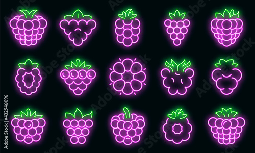 Blackberry icons set. Outline set of blackberry vector icons neon color on black