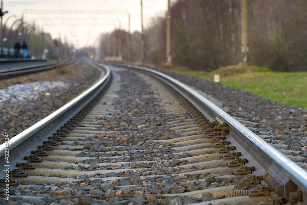 Fototapeta premium railroad rails on concrete sleepers. updated railway for high-speed, express train railway, close-up, Estonia