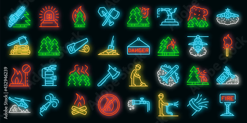 Wildfire icons set. Outline set of wildfire vector icons neon color on black