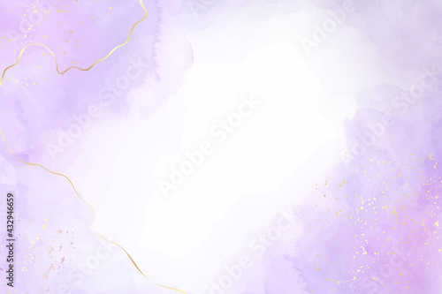 Mauve liquid watercolor background with golden glitter splash. Pastel violet marble alcohol ink drawing effect. Vector illustration of abstract stylish fluid art amethyst backdrop