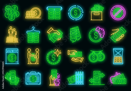 Money laundering icons set. Outline set of money laundering vector icons neon color on black