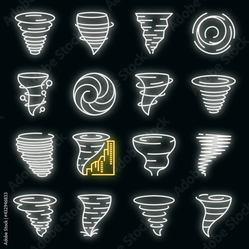 Tornado icons set. Outline set of tornado vector icons neon color on black