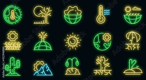 Drought icons set. Outline set of drought vector icons neon color on black