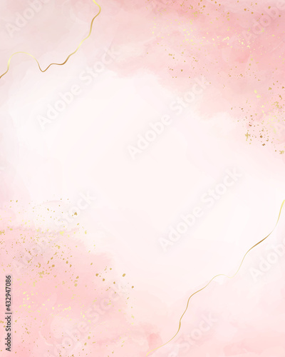 Abstract dusty blush liquid watercolor background with golden crackers. Pastel pink marble alcohol ink drawing effect. Vector illustration design template for wedding invitation