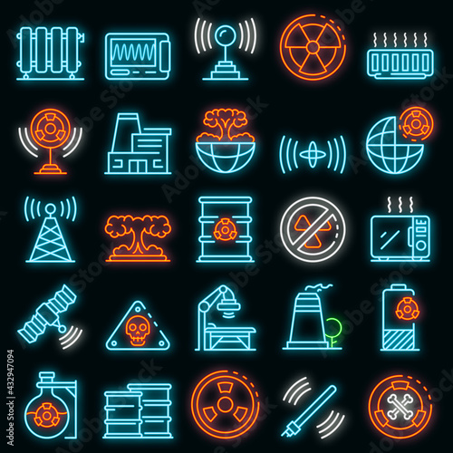 Radiation icons set. Outline set of radiation vector icons neon color on black