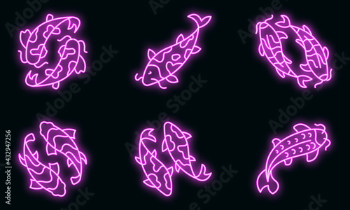 Koi carp icons set. Outline set of koi carp vector icons neon color on black