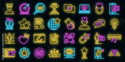 Engaging content icons set. Outline set of engaging content vector icons neon color on black