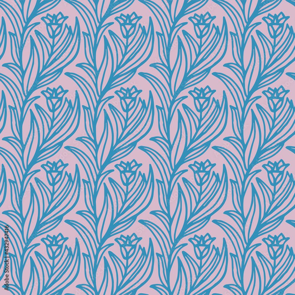 seamless pattern with abstract blue drawn flowers on a dark pink background, vector, tile