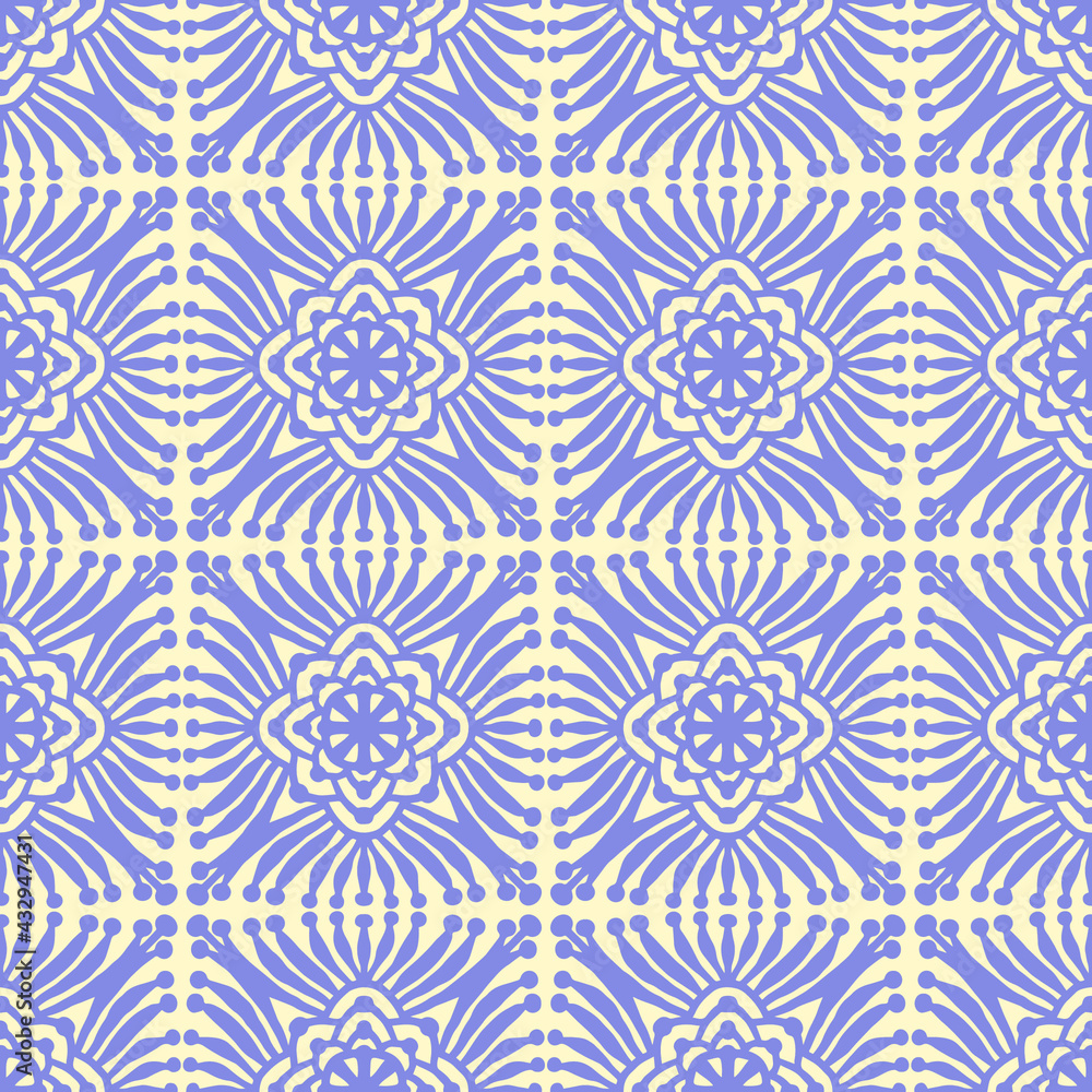 seamless pattern with flowers and ornaments in folk style drawn with violet and light yellow colors, vector