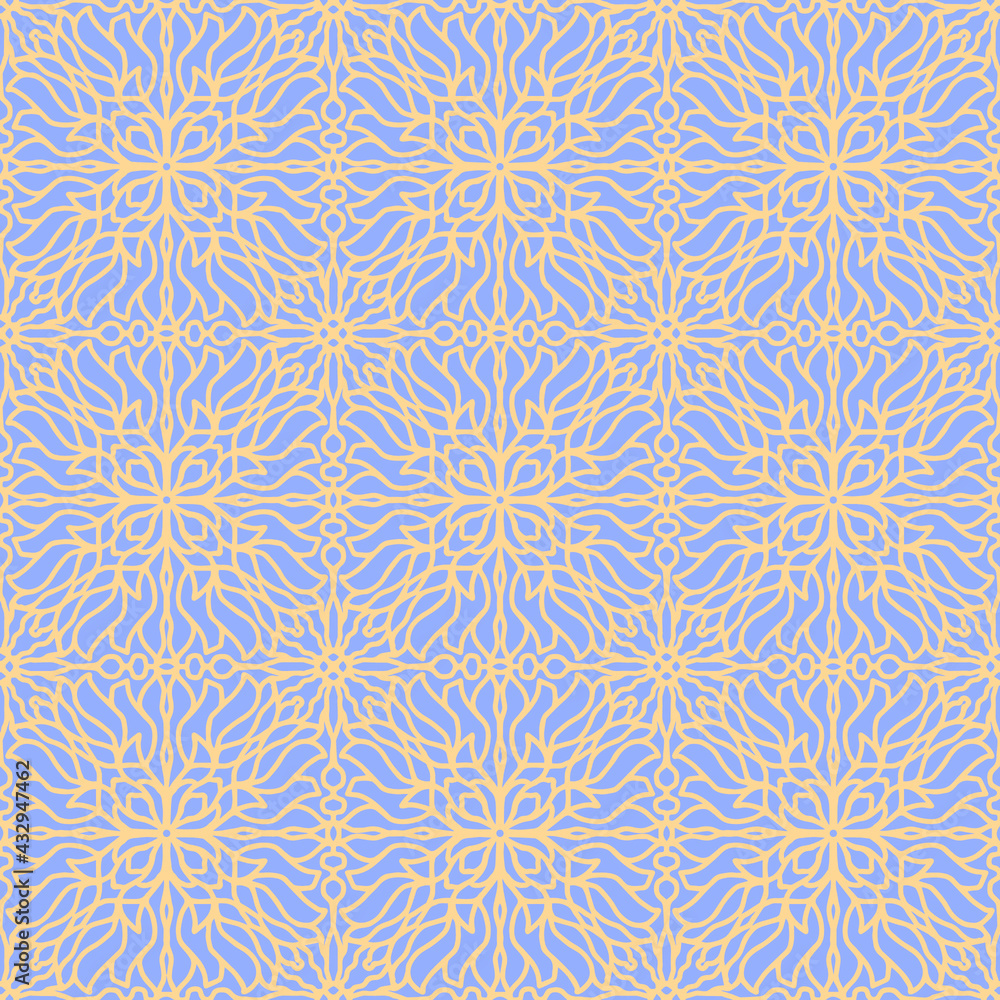 seamless tile with flowers and abstract figures in folk style with yellow and purple colors, vector, seamless pattern