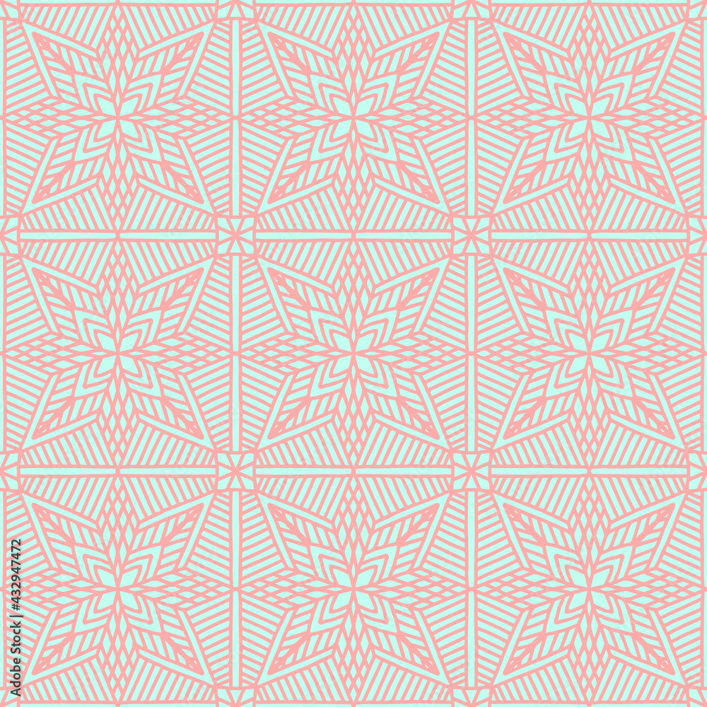 geometric seamless pattern drawing with stars and linear figures of red and light blue color, vector geometric seamless pattern drawing with stars and linear figures of red and light blue color, vector