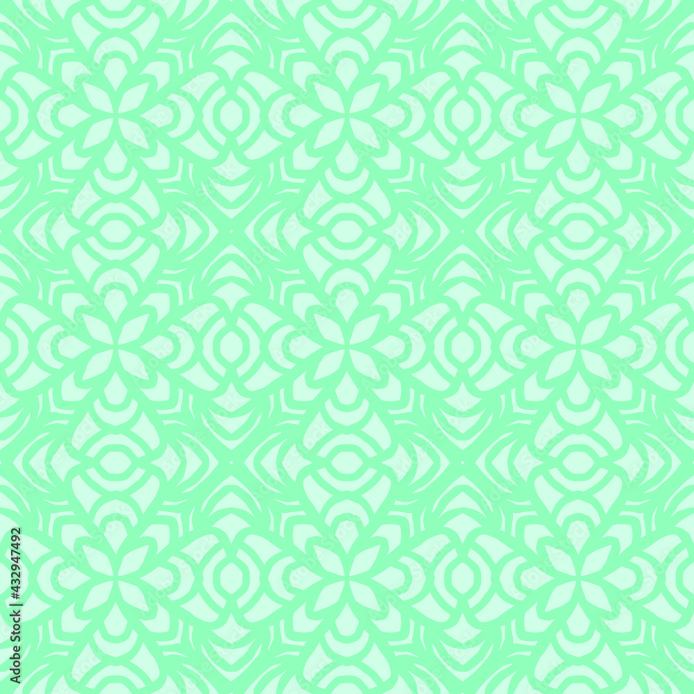 seamless pattern with flowers and ornaments in folk style drawn with light green and dark green colors, vector, tile