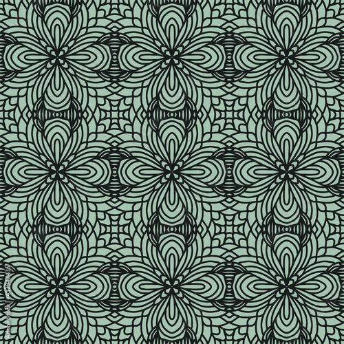 seamless pattern drawn with abstract floral ornaments on a pastel green background, vector
