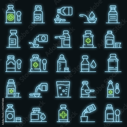 Cough syrup icons set. Outline set of cough syrup vector icons neon color on black