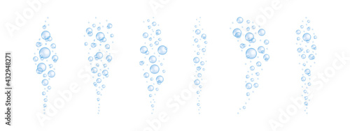 Blue underwater oxygen bubbles set. Soap or cleanser foam, aquarium or sea water stream texture, bath sud, fizzy carbonated drink effect. Vector realistic illustration.