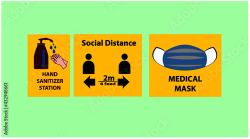 disinfectant, medical mask and social distancing. The new normal for protection from Covid-19. Personal hygiene.
Vectöel design Eps 10.