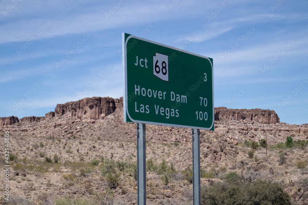 Hoover Dam Las Vegas road sign in desert