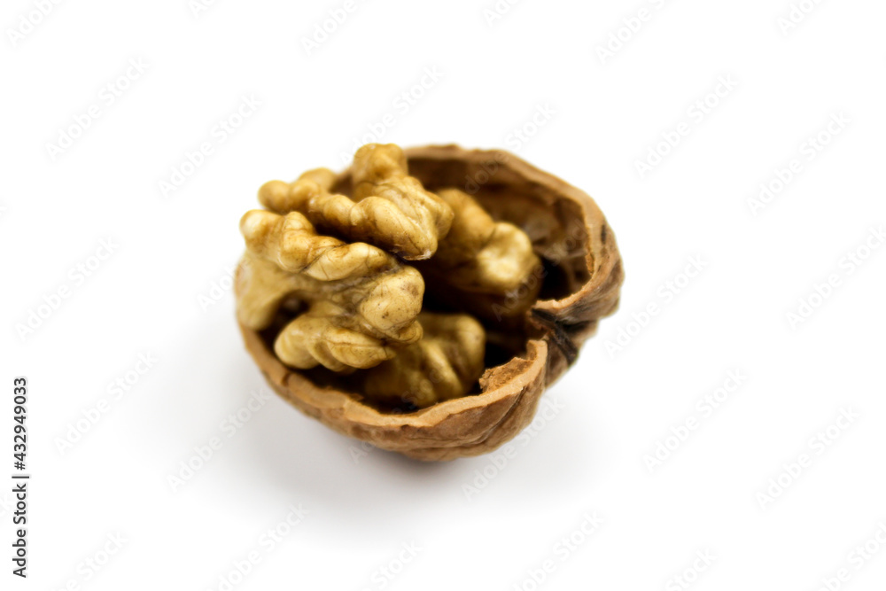 Walnut kernel in half shell isolated on white background. Fruit walnut isolated on a white background. Walnut kernel in half shell isolated on white background. Fruit walnut isolated on a white background.