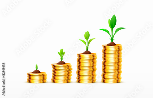 Stacks of increasing coins gold coins on white background. Vector