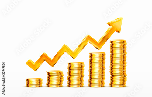 Stacks of increasing coins gold coins on white background. Vector