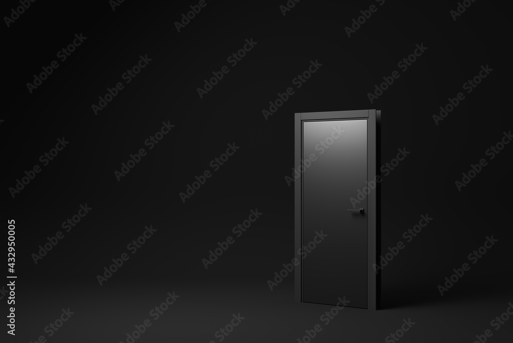 Closed Black Door on Black background. minimal concept idea creative. monochrome. 3D render. Closed Black Door on Black background. minimal concept idea creative. monochrome. 3D render.