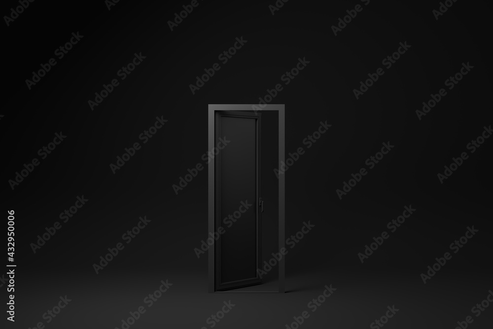 Closed Black Door on Black background. minimal concept idea creative. monochrome. 3D render. Closed Black Door on Black background. minimal concept idea creative. monochrome. 3D render.