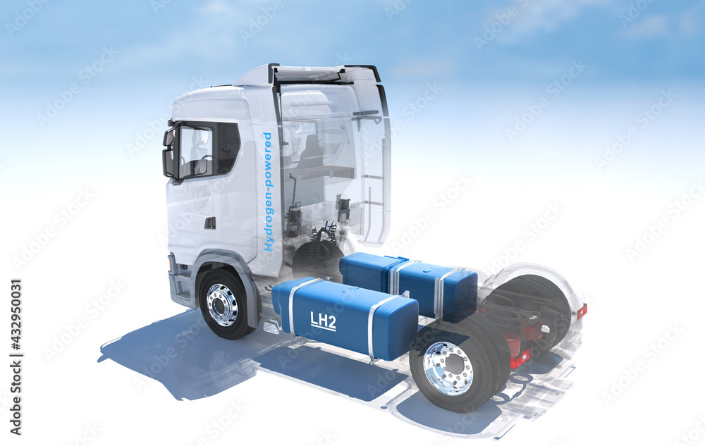 hydrogen logo on gas stations fuel dispenser. h2 combustion Truck engine for emission free ecofriendly transport.