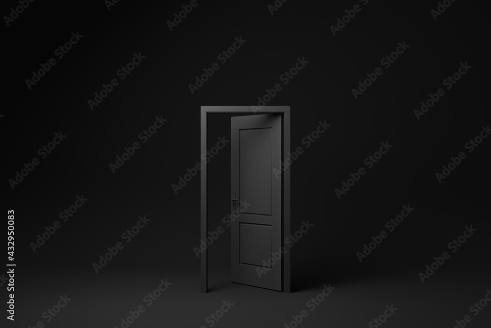 Black door Open entrance to creative ideas or new life in white background. minimal concept idea creative. 3D render.
