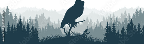 vector mountains forest woodland background texture seamless pattern with eagle owl