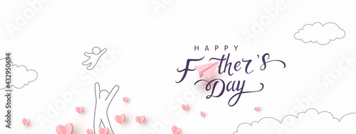 Father's day postcard with paper flying elements, airplane, man and child on white sky background. Vector pink symbols of love in shape of heart for greeting card design.